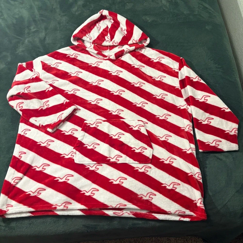 Hollister Oversized Rare Fleece Hoodie Snuggie Red & White Striped 33″ P2P 33″ L